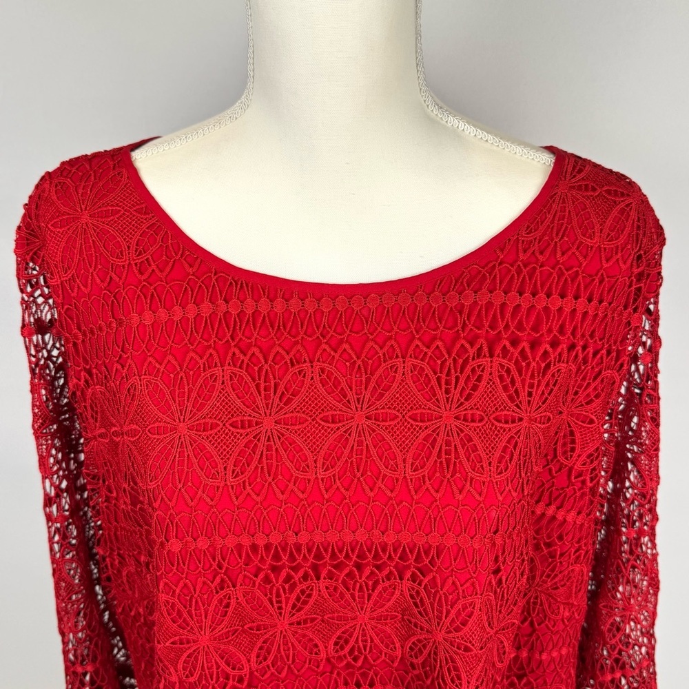 Talbots Embroidered Red Lace Blouse Bell Sleeves Size 2X Party Formal Romantic - Picture 5 of 14